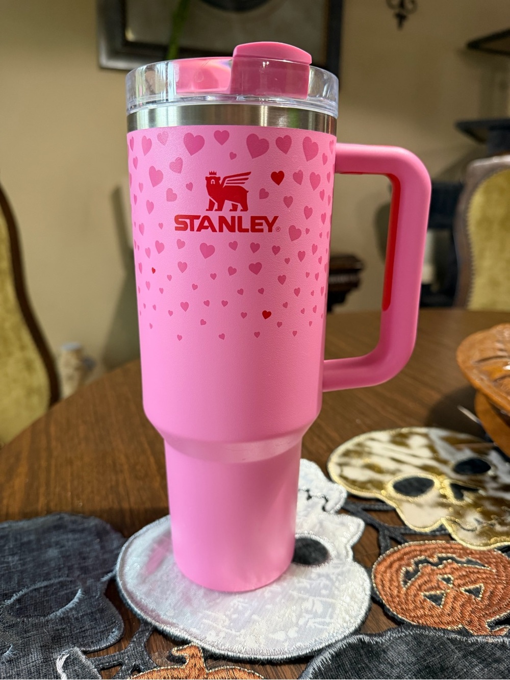 Stanley Pink Heart Travel Tumbler with Handle